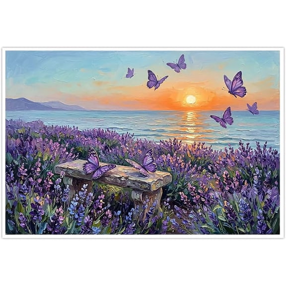 Lavender Field Ocean Sunset Canvas Wall Art Purple Butterflies Stone Bench Decor Textured Oil Painting Print Nature Seascape for Living Room Bedroom Home