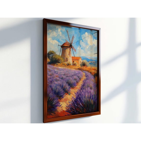 Lavender Field Provence Mediterranean Windmill Landscape Wall Art, Unframed Paper Print Size 8x12
