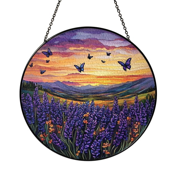Lavender Field Stained Glass Suncatcher, Butterfly Sunset Window Hanging Art, Gift for Nature Lover