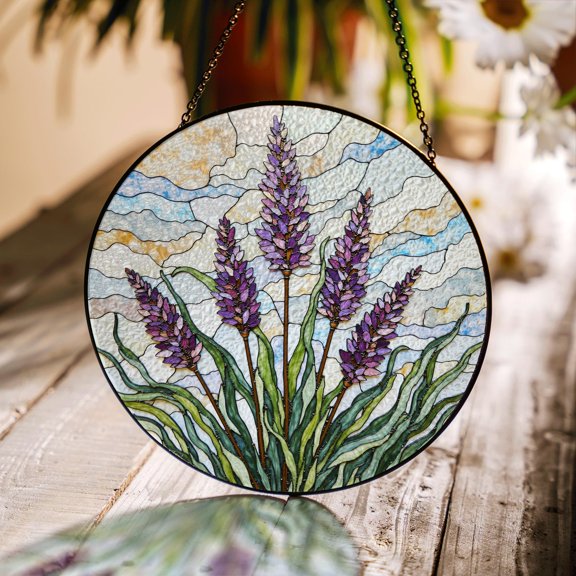 Lavender Field Stained Glass Suncatcher, Peaceful Botanical Window Hanging, Relaxing Gift for Garden Lovers, Housewarming Spring Decor