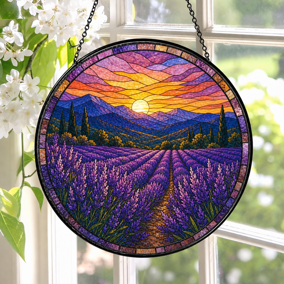 Lavender Field Stained Glass Suncatcher Window Hanging Gift for Mom or Nature Lover