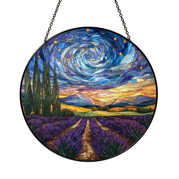 Lavender Field Starry Sky Stained Glass Suncatcher, Round Window Hanging Nature Decor Gift