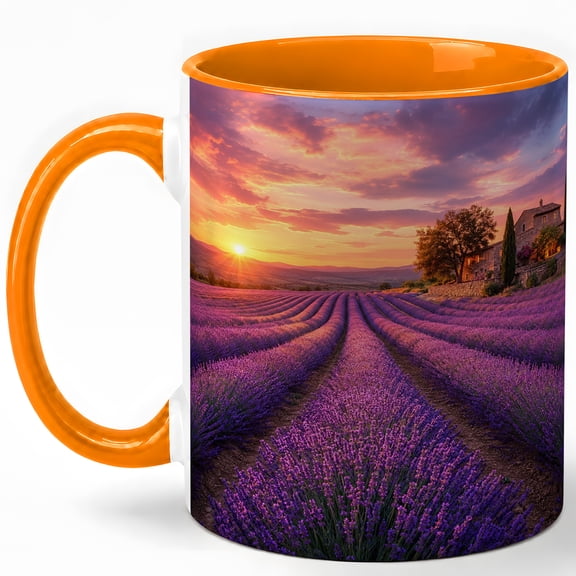 Lavender Field Sunset Coffee Mug, Provence Landscape Mug, Flower Lover Birthday Christmas Gift, Purple Lavender Farm Cottage Art, 11 oz White Ceramic Coffee Cup for Tea Lovers