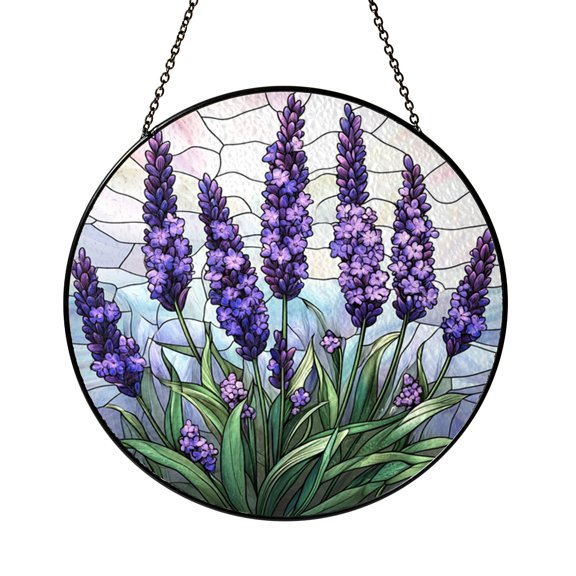 Lavender Field Window Decor – Stained Glass Style Blooming Nature Art