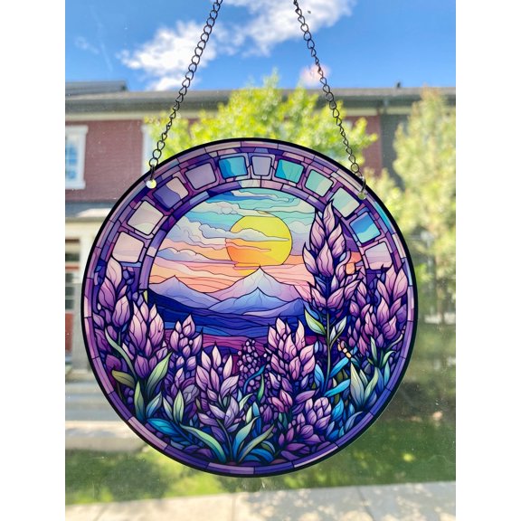 Lavender Field , acrylic suncatcher, ornamental, decor, disk. Purple, 2D Printed, 1-sided Sun Catcher