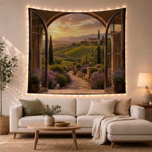 Lavender Fields Along a Stone Path at Sunset, Serene Rustic for Nature Lovers, Countryside Wall Art, Housewarming Gift, Tapestry Wall Hanging for Bedroom and Living Room
