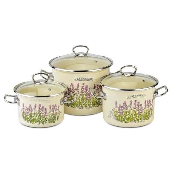 Lavender Fields Cylindrical Enamel pot set with Glass Lid Set of 3  with Stainless Steel Handle  3 (2L, 3L, 5.5L)