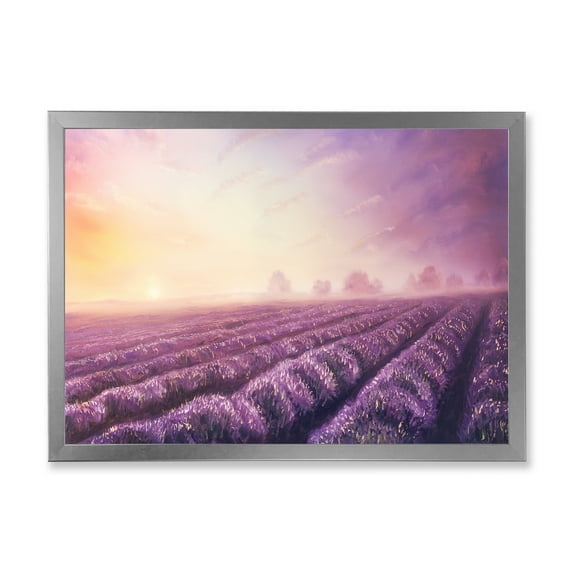 Lavender Fields During Sunrise 32 in x 16 in Framed Painting Canvas Art Print, by Designart