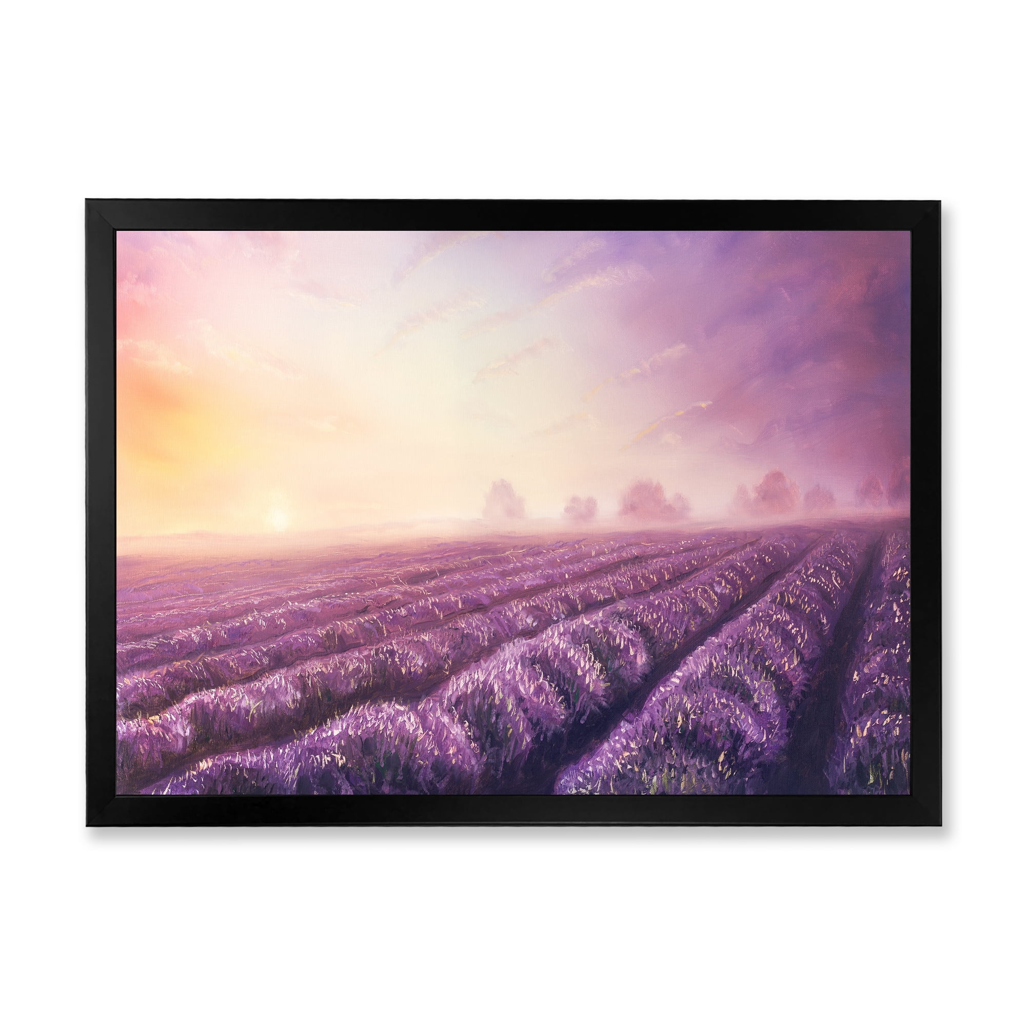 Lavender Fields During Sunrise 32 in x 24 in Framed Painting Canvas Art Print, by Designart