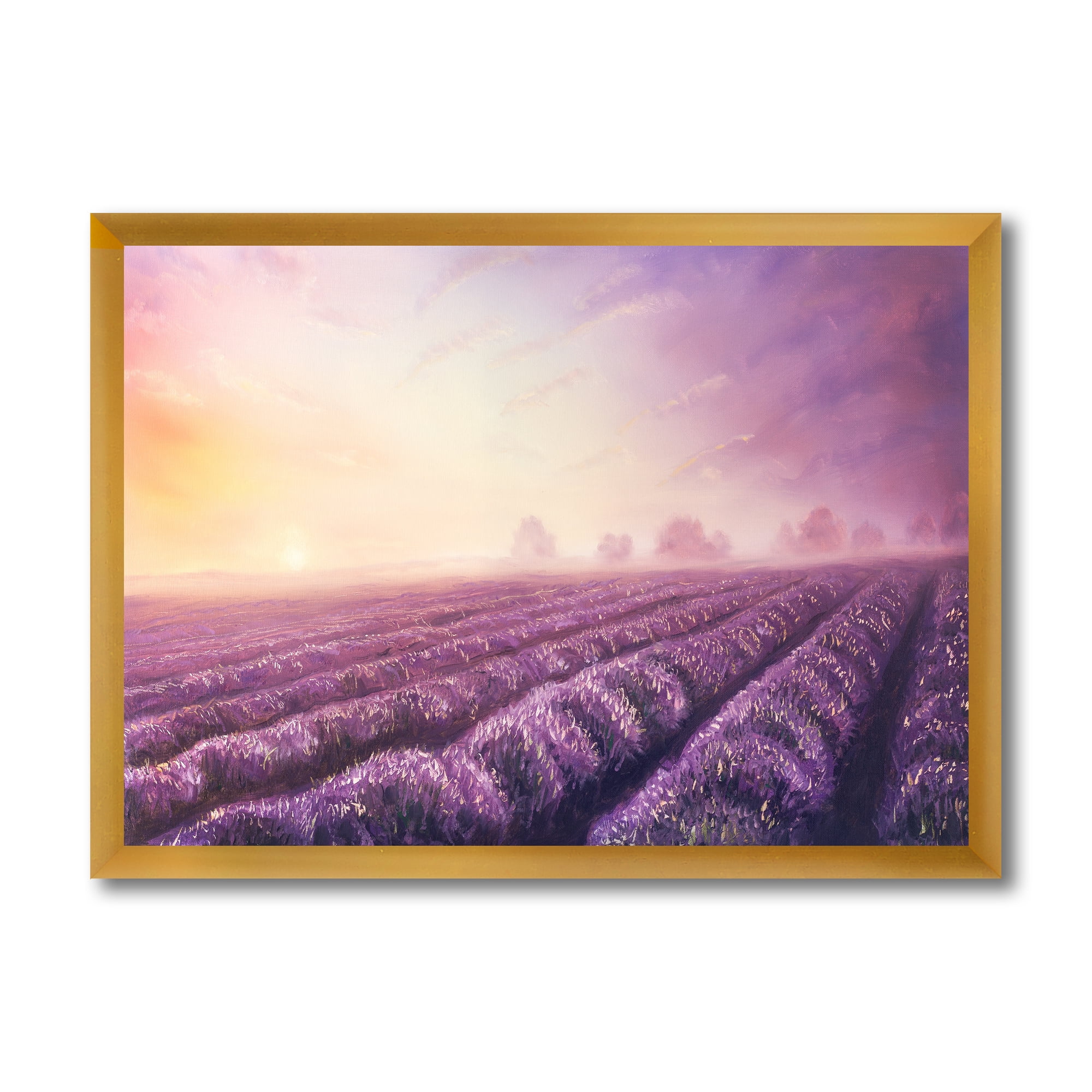 Lavender Fields During Sunrise 40 in x 30 in Framed Painting Canvas Art Print, by Designart