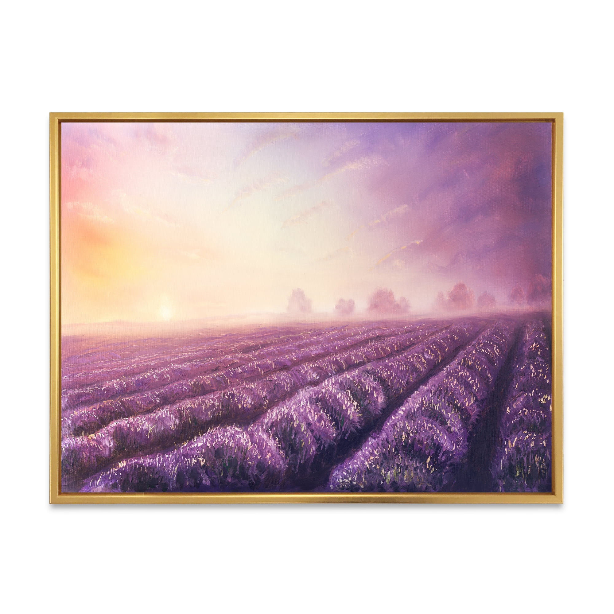 Lavender Fields During Sunrise 40 in x 30 in Framed Painting Canvas Art Print, by Designart