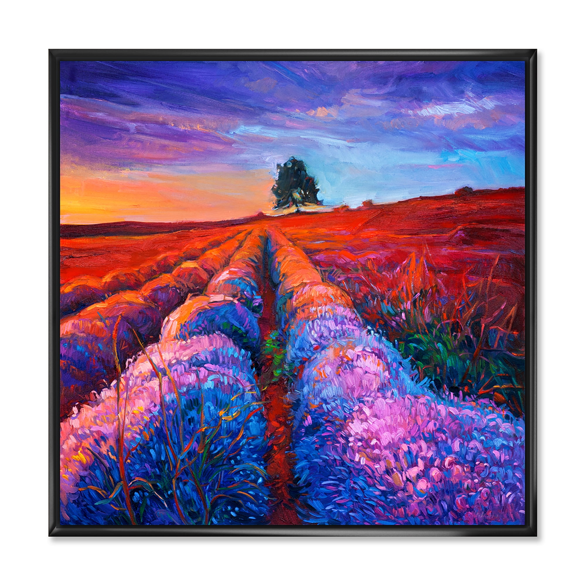 Lavender Fields With Distant Tree & Sunset Glow 36 in x 36 in Framed Painting Canvas Art Print, by Designart