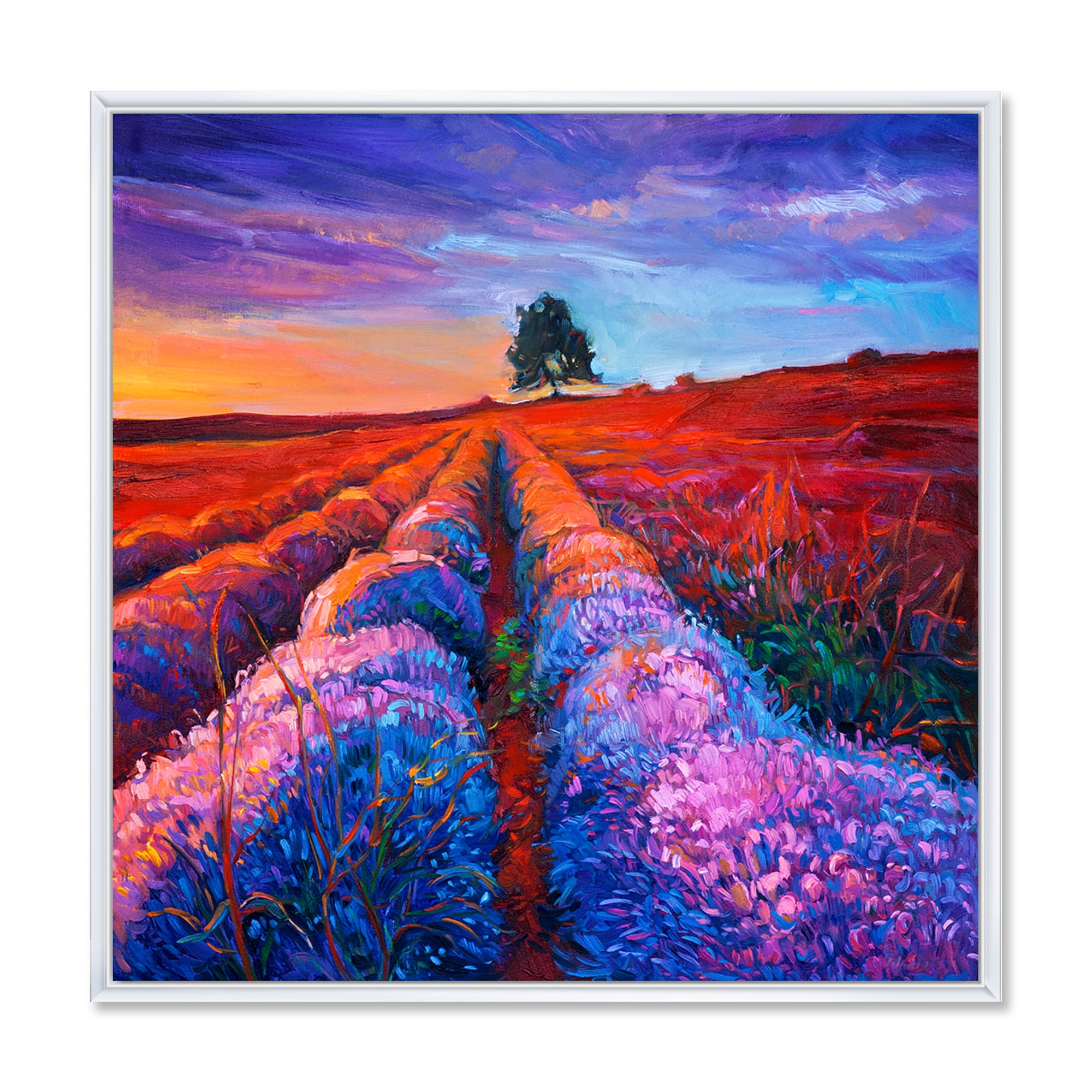 Lavender Fields With Distant Tree & Sunset Glow 36 in x 36 in Framed Painting Canvas Art Print, by Designart