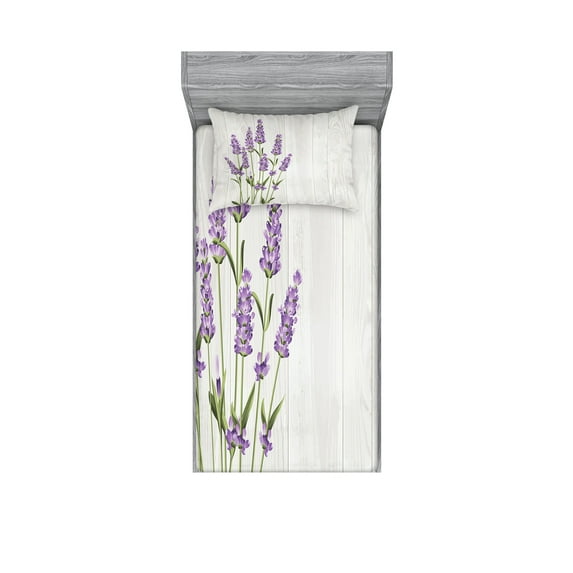 Lavender Fitted Sheet & Pillow Sham Set, Aromatic Herbs Bouquet on Rustic Wood Planks Fresh Country, Decorative Printed 4 Piece Bedding Decor Set, Twin, Olive Green Pale Grey, by Ambesonne