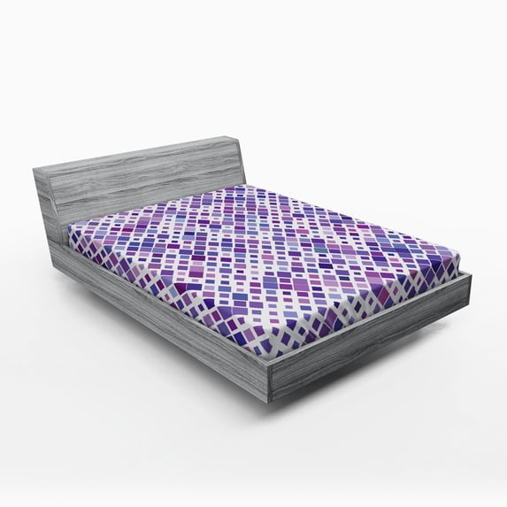 Lavender Fitted Sheet, Retro Mosaic Creative Pattern Square Rhythm Abstract Art Print Design, Soft Decorative Fabric Bedding, Queen Size, Violet Purple White, by Ambesonne