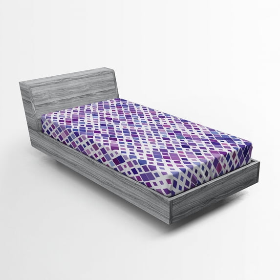 Lavender Fitted Sheet, Retro Mosaic Creative Pattern Square Rhythm Abstract Art Print Design, Soft Decorative Fabric Bedding, Twin XL Size, Violet Purple White, by Ambesonne