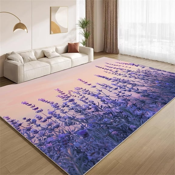 Lavender Floral Area Rugs, Purple Lavender French Country Sunset Floral Carpet, Washable Non Slip Low Pile Soft Rug for Living Room Bedroom Hallway Decor Mat 5ftx8ft