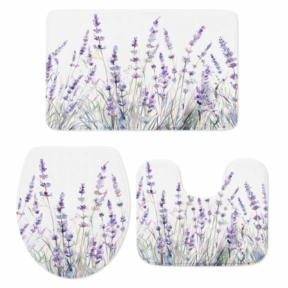 Lavender Floral Bath Mat 3 Piece Bathroom Rug Set, Spring Flowers Botanical Plants Non Slip Bath Rug Contour Mat and Toilet Lid Cover, Absorbent Shower Mats Soft Bath Rugs and Mats Sets
