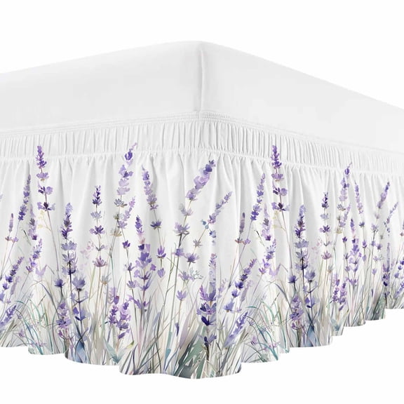 Lavender Floral Bed Skirt Cal King Size, Spring Flowers Botanical Plants Wrap Around Bed Skirting with Adjustable Elastic Strap, Dust Ruffled Pleated Bedskirts 18 Inch Drop for Bedroom Cal King Beds