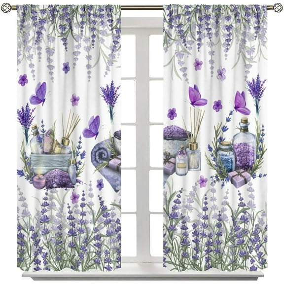 Lavender Floral Curtains - Purple Stripe Print Living Room Curtains for Girls - Blackout, Comfortable & Elegant - 42x54 Inch, 2 Panels