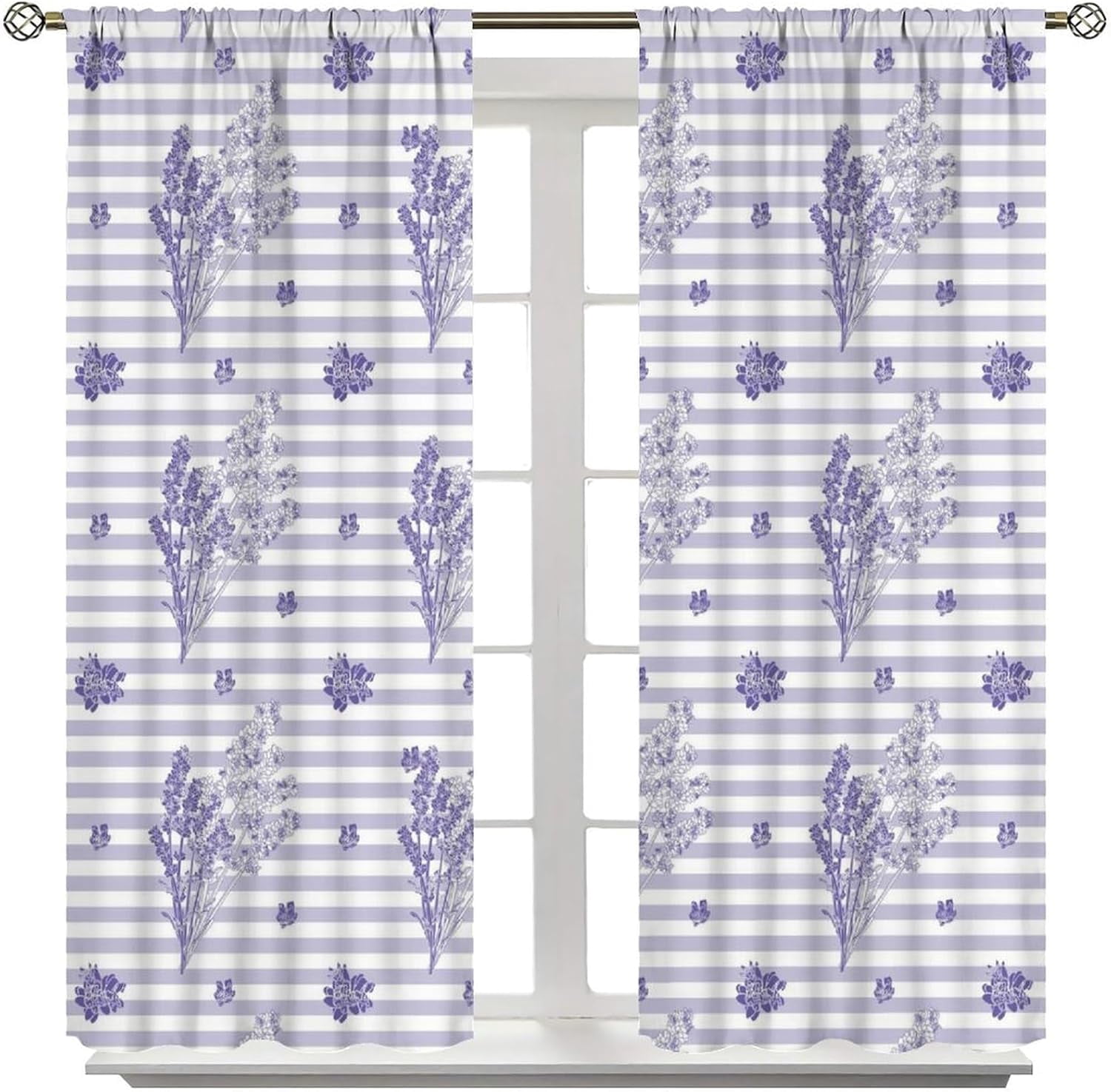 Lavender Floral Curtains - Purple Stripe Print Living Room Curtains for Girls - Blackout, Comfortable & Elegant - 42x54 Inch, 2 Panels