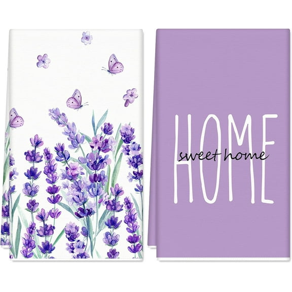Lavender Floral Kitchen Towel Purple Flower Butterfly 18 x 28 Inch Sweet Home Hand Dish Drying Tea Towel for Bathroom Spring Cooking Baking Cleaning Supplies, 2 Pack