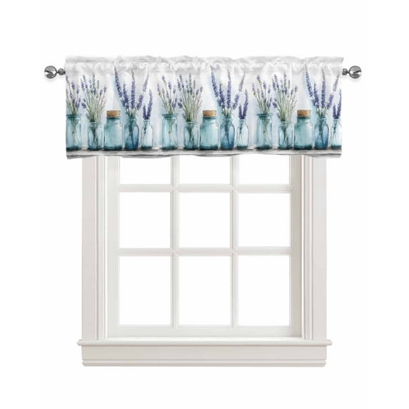 Lavender Floral Kitchen Valances for Windows Farmhouse Linen Window Valance Curtain for Living Room Window Treatment Spring Watercolor Flower Plant in Vase Valance Rod Pocket Topper, 42 x 12 Inch