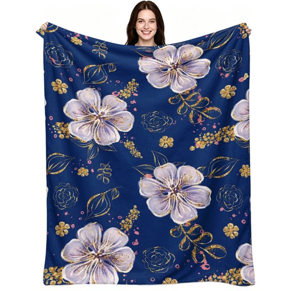 Lavender Floral Navy Gold Leaves, Premium Flannel Fleece, Romantic Glam, Warm Throw Blanket, Calm Tranquil Comfort, Glam Home Decor, Couch Bed Sofa Cozy Lounge