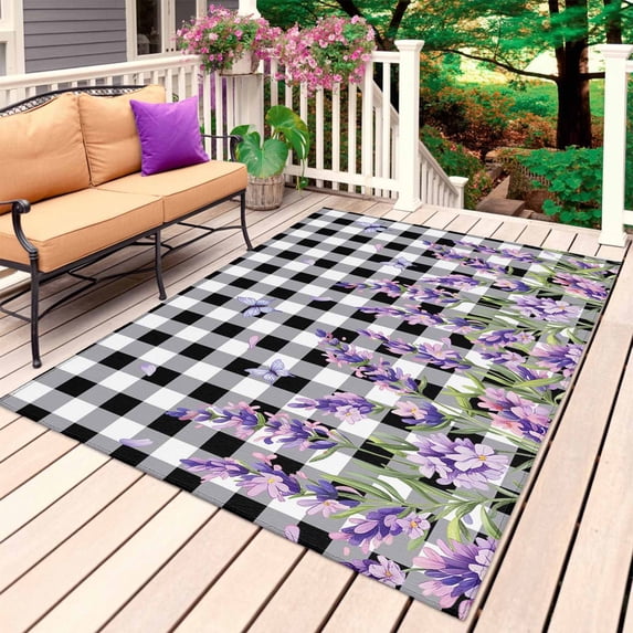 Lavender Floral Outdoor Rug 5x7 Ft, Non Slip Washable Area Rug, Purple Flowers Butterfly Black Gray Plaid Patio Rugs Carpet Runner, Large Floor Mat for Indoor/Outdoor Deck Porch Camping