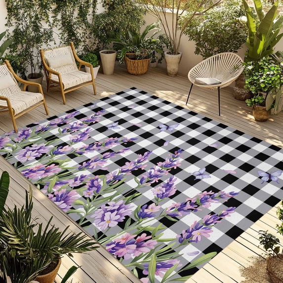 Lavender Floral Outdoor Rug for Patio/Deck/Porch, Non-Slip Large Area Rug 4 x 6 Ft, Purple Flowers Butterfly Black Gray Plaid Indoor Outdoor Rugs Washable Area Rugs, Camping Rug Carpet Runner