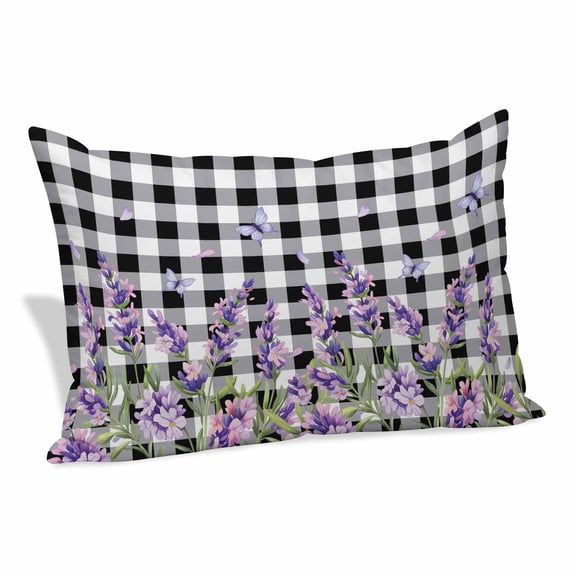 Lavender Floral Pillow Covers, Linen Long Throw Pillow Case, Purple Flowers Butterfly Black Gray Plaid Holiday Pillow Protector Decorative Cushion Cover for Living Room/Bedroom 16" x 24"