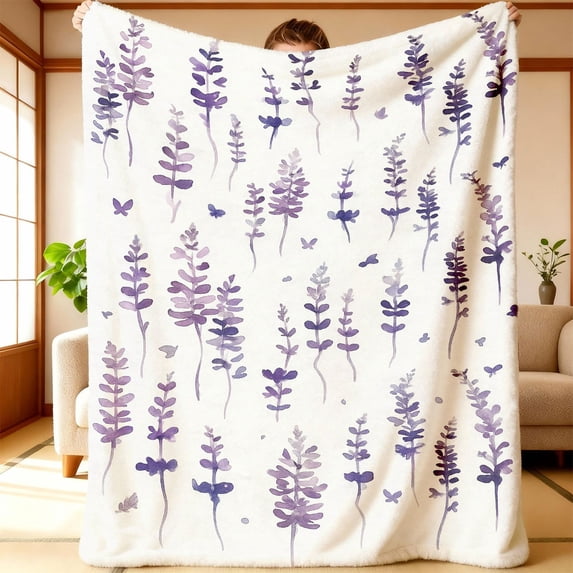 Lavender Floral Print Flannel Blanket, Tear-Resistant Reversible All-Season Throw for Home Camping Travel, French Style Polyester Gift