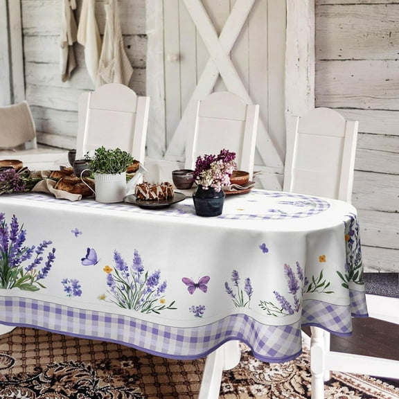 Lavender Floral Provence Purple Oval Tablecloth 60x84Inch, Floral Lavender Tablecloth, French Farmhouse Watercolor Waterproof Tablecloth for Indoor and Outdoor, Holiday Kitchen Restaurant and Party