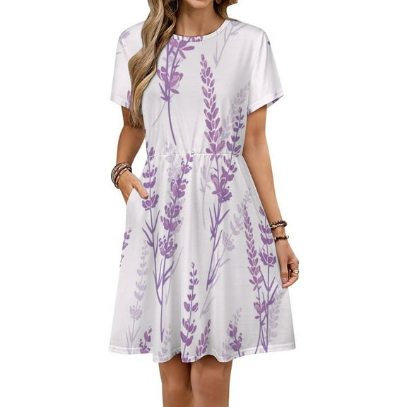 Lavender Floral Purple Dress Fashion Beach Short Sleeve Dresses Female Party Printed Sundress