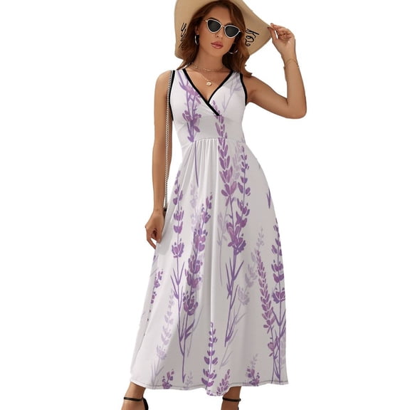 Lavender Floral Purple Womens Night Club Maxi Dress V Neck Sleeveless Bohemia Long Dresses