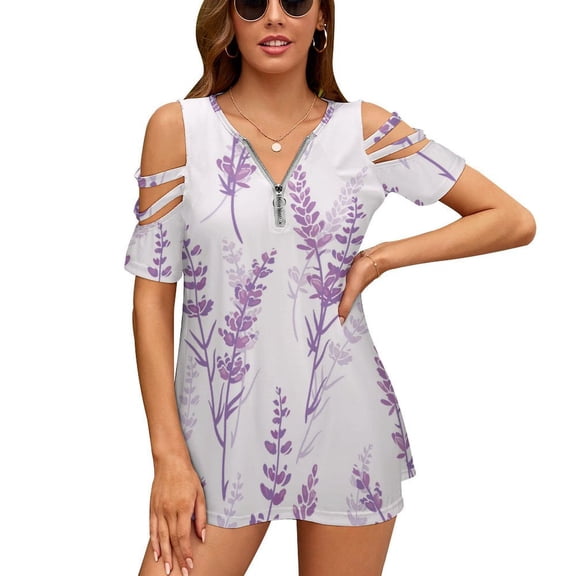 Lavender Floral Purple Womens Summer V Neck Zipper Top Short Sleeve T Shirt Off Shoulder Top Casual Classy Loose Shirts