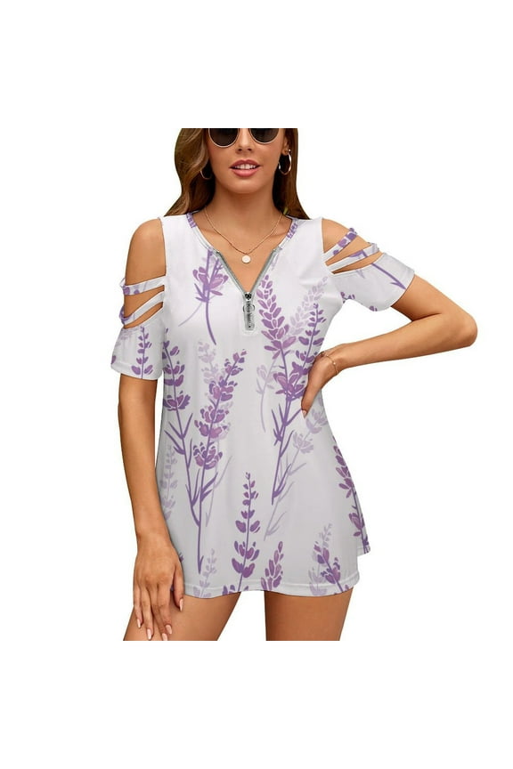 Lavender Floral Purple Womens Summer V Neck Zipper Top Short Sleeve T Shirt Off Shoulder Top Casual Classy Loose Shirts
