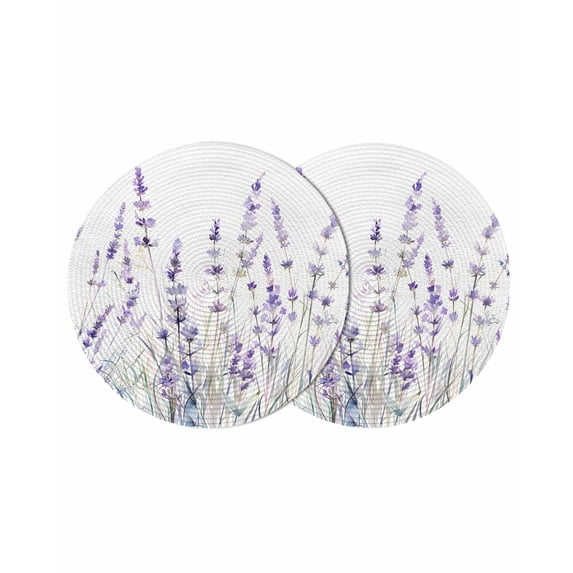 Lavender Floral Round 15 Inch Placemats Set of 2, Spring Flowers Botanical Plants HeatResistant Non Slip Place Mats for Dining Table, Wipeable Braided Kitchen Table Mats for Housewarming