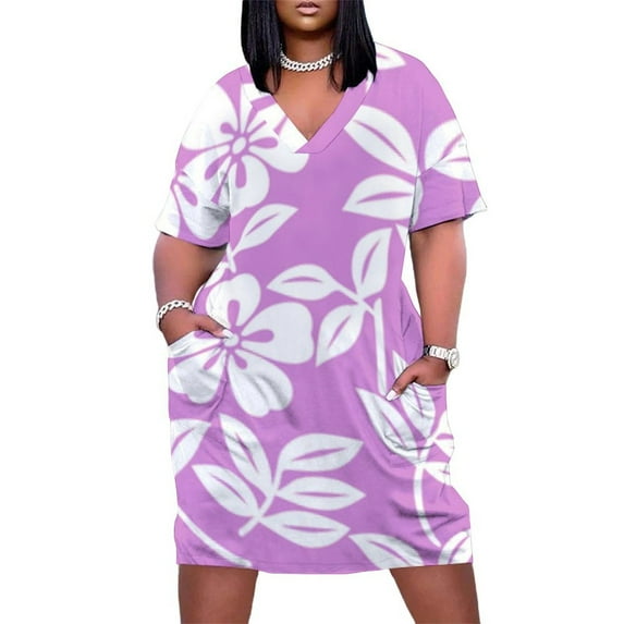 Lavender Floral Seamless Pattern Women's Loose Short Sleeve Dress Casual Summer Plus Size Long Dresses with Pockets