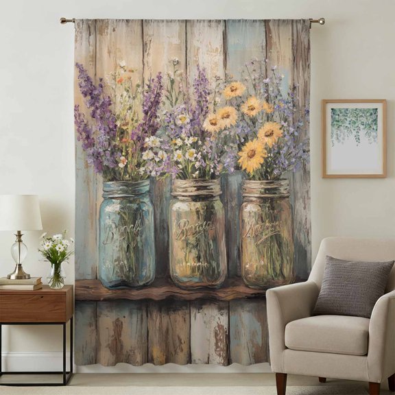 Lavender Floral Sheer Curtains 45 Inches Long, Bottle Daisy Flower Rustic Wood Grain Light Filering Curtains, Breathable Simi Curtain Privacy Drapes for Kitchen Bathroom Small Window Treatment