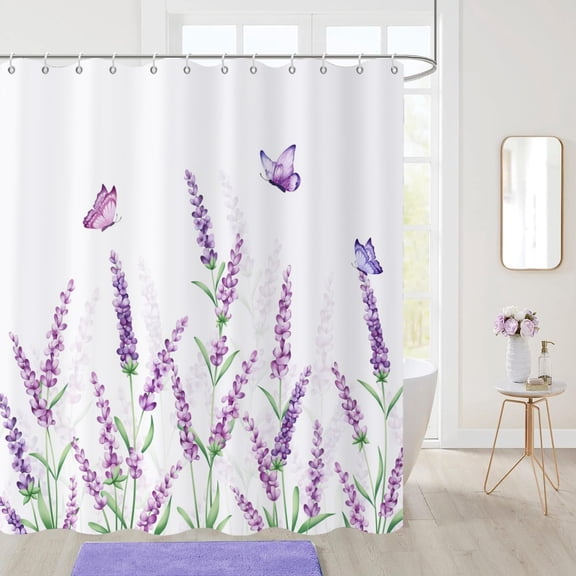 Lavender Floral Shower Curtain, Purple Flower with Butterflies Green Leaf Plants Bathroom Curtain Waterproof Fabric Machine Washable with Hooks, 36" Wx72 L