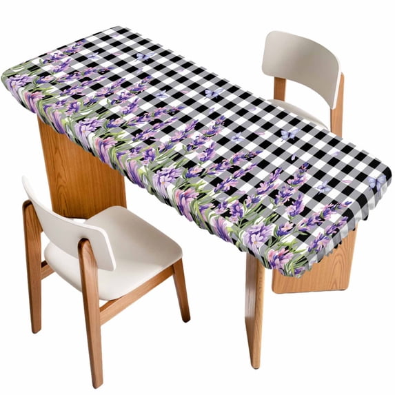 Lavender Floral Table Cloths for 8 Foot Rectangle Tables, Purple Flowers Butterfly Black Gray Plaid Patio Waterproof Elastic Fitted Tablecloths, Washable Rectangular Table Cover for Camping