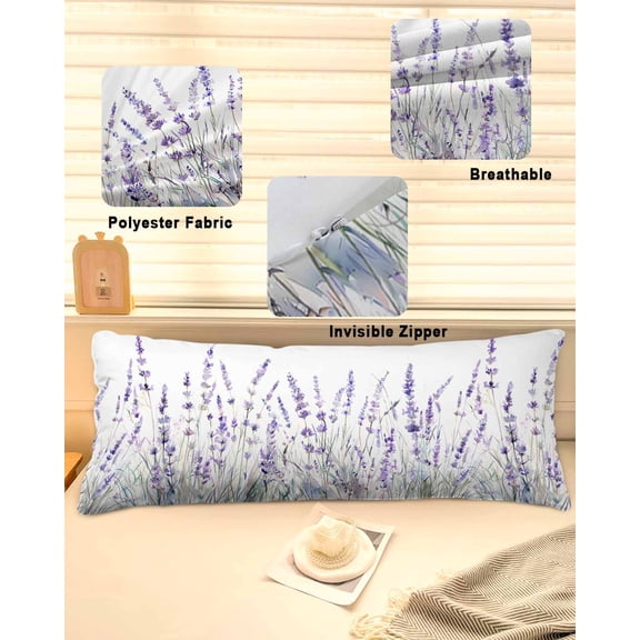 Lavender Floral Throw Pillow Covers, Spring Flowers Botanical Plants Soft Breathable Pillow Cases with Invisible Zipper for Sleeping, Long Body Pillowcases for Couch Bed Sofa Chair 20x60 Inches