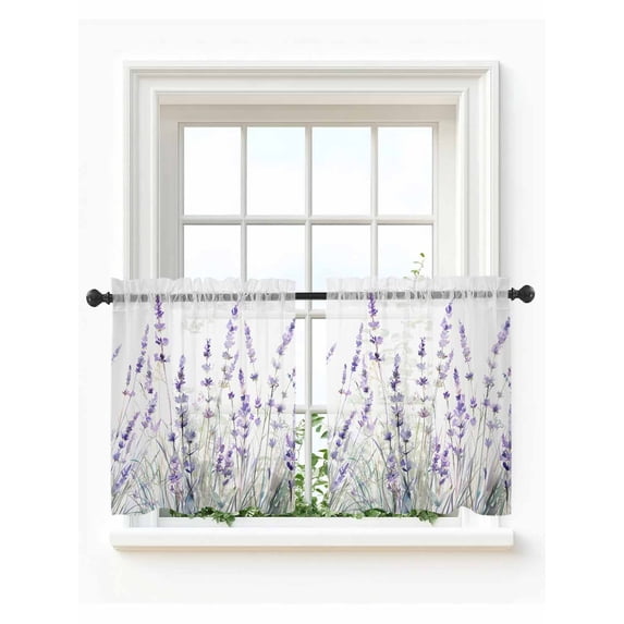 Lavender Floral Tier Curtains 24 Inch Length,Sheer Curtains for Bedroom Living Room Window Spring Flowers Botanical Plants Rod Pocket Drapes Kitchen Curtains Small Half Window 27.5"x24" 2 Panels