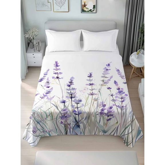 Lavender Floral Twim Size Flat Sheet, Wrinkleproof & Fadeproof Cooling Flat Bed Sheet Only, Spring Flowers Botanical Plants Breathable Soft Bedding Top Sheets 66 x 96 Inches