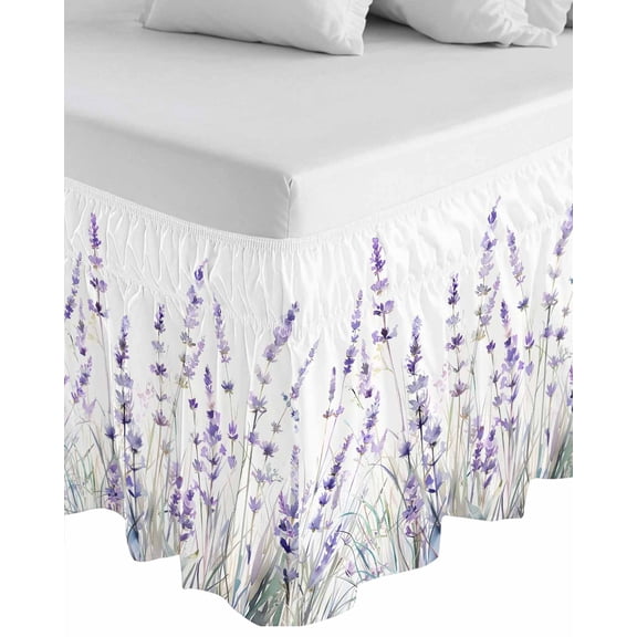 Lavender Floral Wrap Around Bed Skirts for California King Bed 16" Drop,Bed Skirt with Adjustable Elastic Belt Dust Ruffle Bed Valance for Bedroom Spring Flowers Botanical Plants Bed Frame Cover
