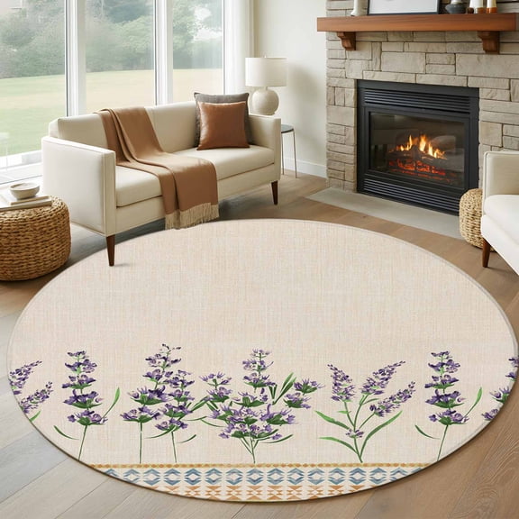 Lavender Flower 8FT Round Area Rugs for Living Room Purple Floral Boho Beige Style Ultra-Thin Non-Slip Round Rugs Machine Washable Low Pile Circle Carpet for Bedroom Kitchen Nursery