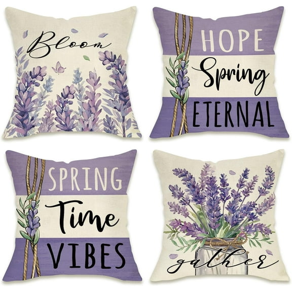 Lavender Flower Decorative Throw Pillow Covers 18x18 Set of 4, Spring Time Vibes Purple Floral Mason Jar Outdoor Pillowcase, Hope Spring Eternal Bloom Gather Stripes Cushion Case Home Decor