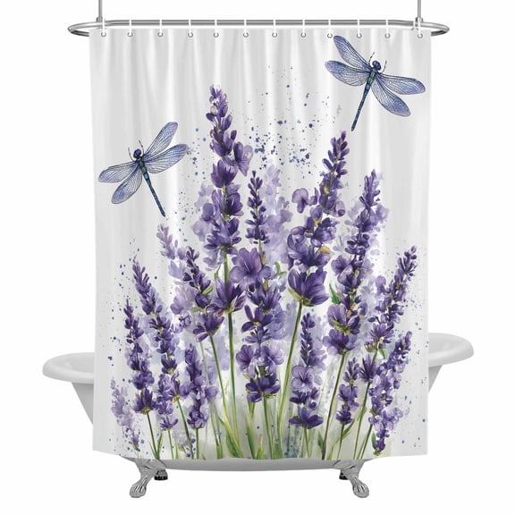 Lavender Flower Dragonfly Shower Curtain Set with Hooks, Purple Summer Floral Waterproof Fabric Bathroom Curtains Decor Home Accessories,72 X 72 Inch Long