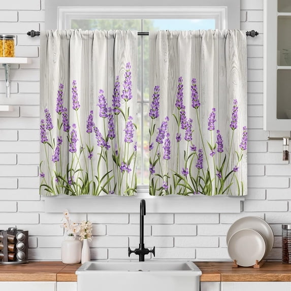 Lavender Flower Floral Kitchen Curtains -Rustic Wood Barn Door Farmhouse Decor Purple Spring Curtains for Home Dining Living Room Rod Pocket Window Drapes 2 Panels Set, 28"x36"